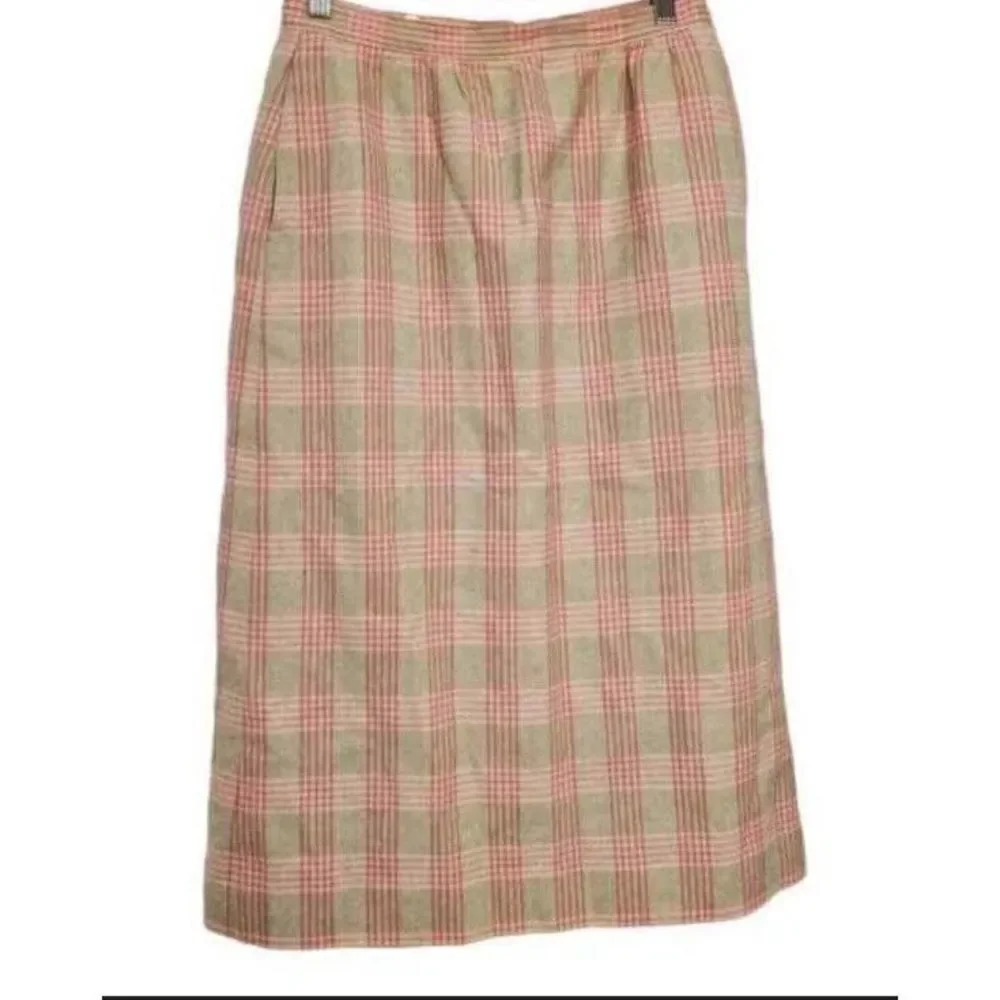 VTG Pendleton Skirt Vintage Sz 12 Wool Plaid Pencil Beige Pink Lined Zip Side